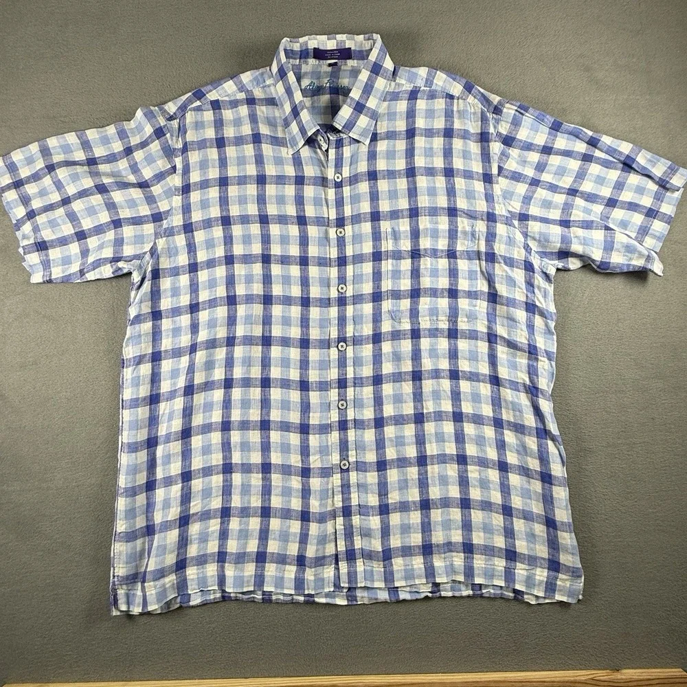 Alan Flusser Mens XL Short Sleeve‎ Button Up Shirt 100% Linen Blue White Plaid